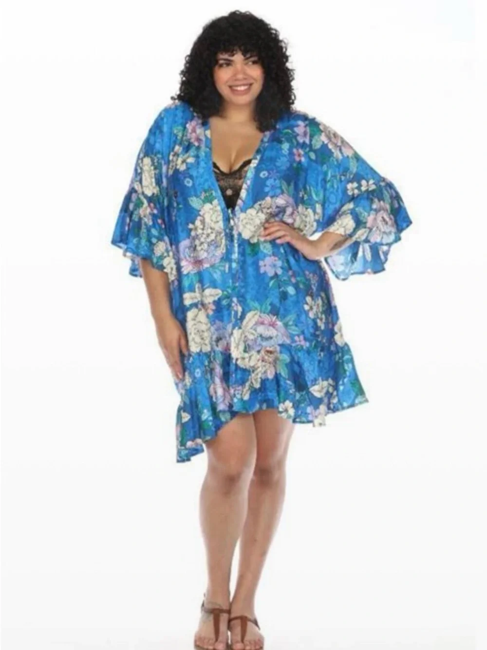 Johnny Was Blue Floral Ruffled Swim Coverup - Picture 2 of 11